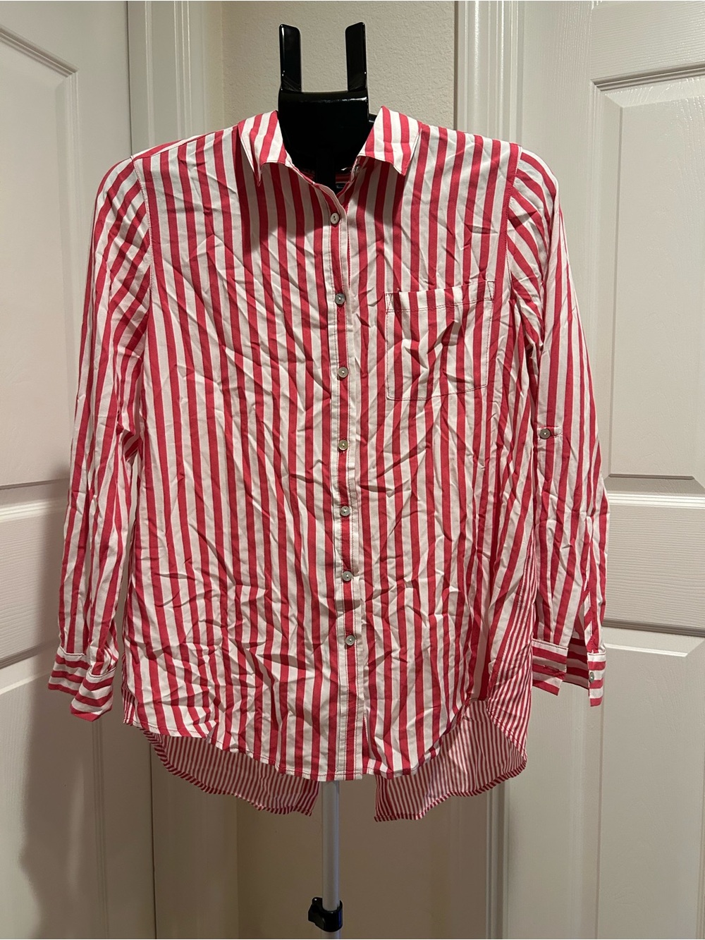 Pink and White Striped Button-Up Shirt